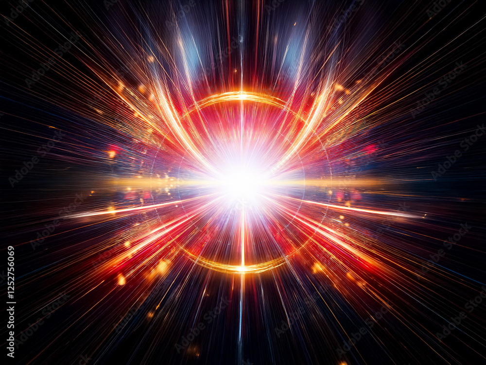 Obraz premium A vibrant, cosmic explosion of light and energy. A bright blue core is encircled by a glowing golden ring, radiating streaks across a dark background. The image evokes feelings of power and wonder.
