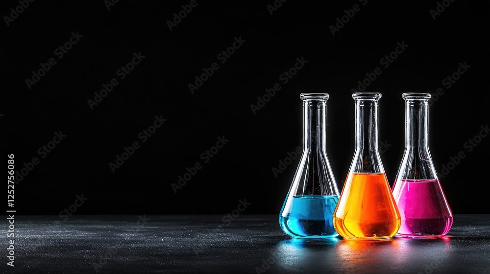Colorful liquids in lab flasks on dark surface. Science experiment background Colorful liquids in lab flasks on dark surface. Science experiment background