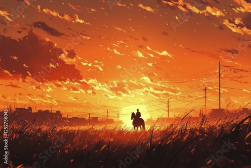 Rider on horseback enjoys sunset in wide open field during golden hour