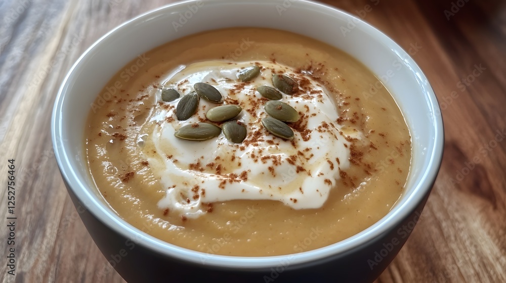 Creamy Pumpkin Soup with Yogurt and Pumpkin Seeds Garnish Creamy Pumpkin Soup with Yogurt and Pumpkin Seeds Garnish
