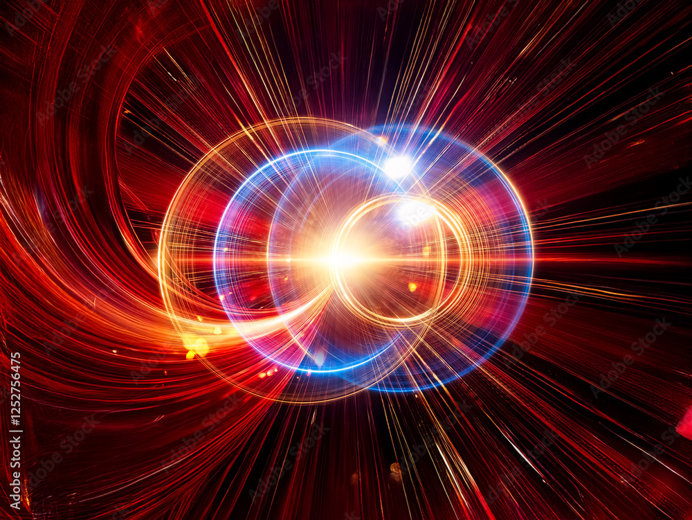 Fototapeta premium Abstract image of two glowing, concentric circles. Blue and gold light trails create a dynamic, swirling effect against a black background. The artwork evokes a sense of energy and movement.