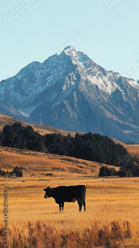 Cow grazing peacefully in the golden fields with snow-capped mountains in the...