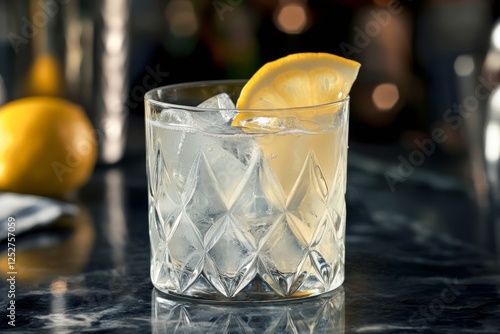 Refreshing drink with lemon slice and ice on a marble counter in bright light
