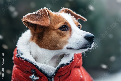 Dog in red jacket enjoying winter day in snowy environment with trees in back...