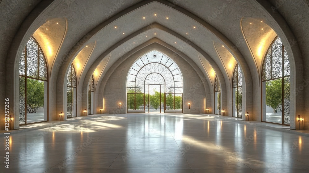 Grand hall, arched windows, sunlight, garden view, event venue Grand hall, arched windows, sunlight, garden view, event venue