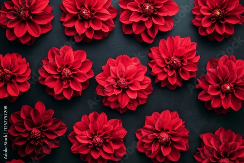 Blossoming red flowers arranged beautifully on a dark surface in a vibrant di...