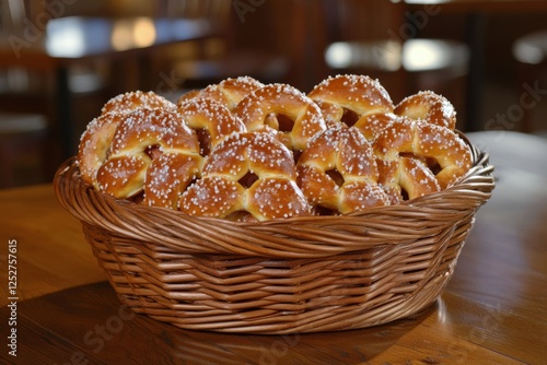 Warm baked pretzels served in a woven basket at a cozy restaurant setting