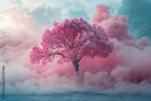 Majestic pink tree surrounded by colorful mist in an ethereal landscape