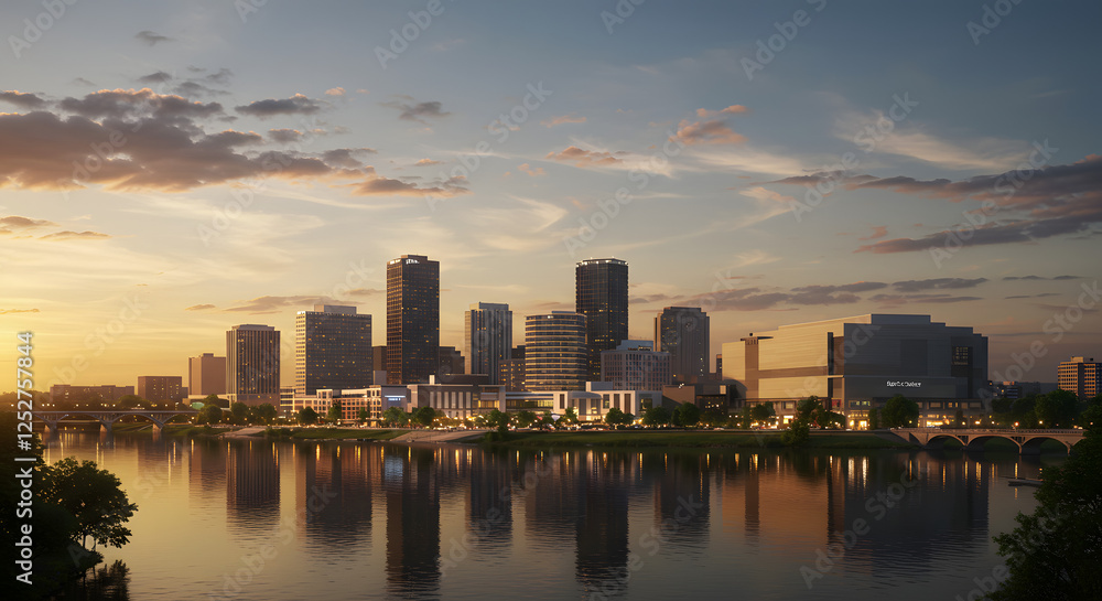 Fototapeta premium Little Rock Arkansas Skyline Reflecting in River at Dusk