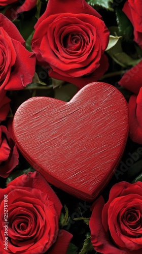 Romantic heart-shaped box surrounded by vibrant red roses for a special celeb...
