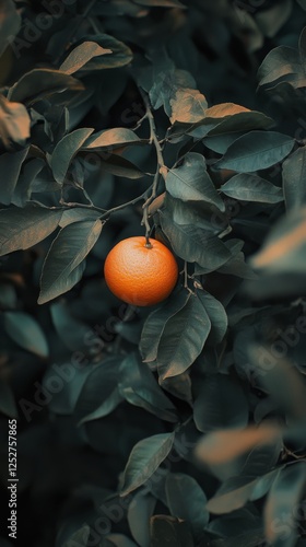 Fresh orange hanging from tree branch in vibrant orchard during sunset