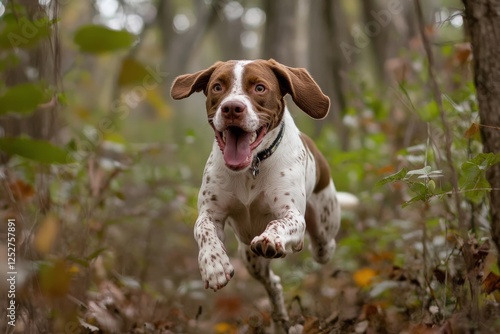 Dog joyfully runs through a wooded area during a sunny day in autumn