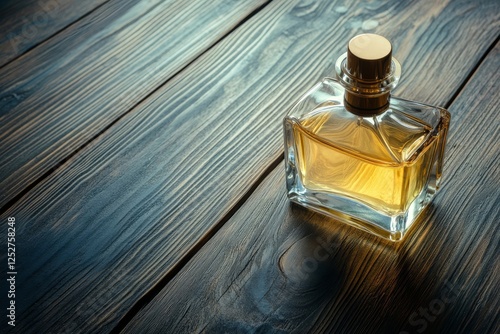 Elegant glass perfume bottle glows on dark wooden surface under soft light
