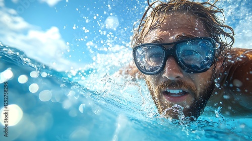 Splashing into Summer: A man wearing sunglasses dives into the turquoise water,  capturing the exhilaration and freedom of a refreshing dip on a sunny day.  