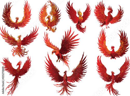 set of ten red phoenixes isolated on white