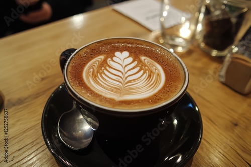 Coffee cup with latte art on wooden table in cozy cafe setting