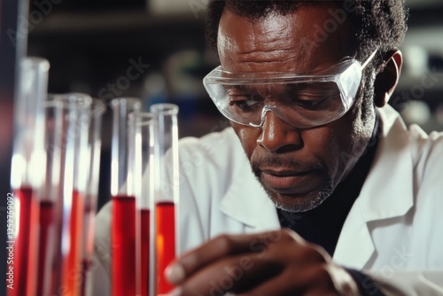 Scientist in laboratory carefully analyzing red liquid in test tubes during a...