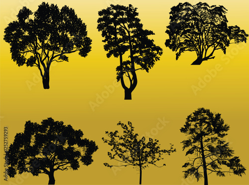 six trees isolated silhouettes on yellow