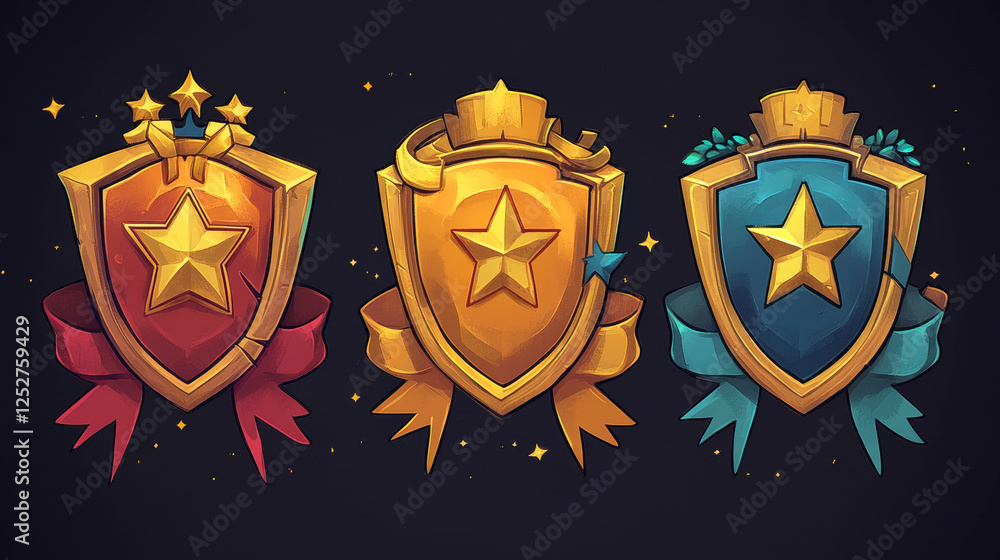 Obraz premium Gold achievement, level up and rank badge for game ui design. Cartoon vector illustration set icon of golden medal with ribbons. Videogame winner award trophy emblem. Bonus or rating insignia.