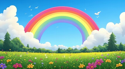 Ingelijste posters Regenboog Bloemenveld onder kleurrijke regenboogboog  © Ahmad M.