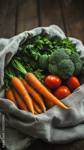 Fresh vegetables arranged neatly in a clear bag on a wooden surface in a kitc...