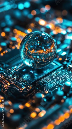 Close-up of a glass orb resting on a circuit board with illuminated connectio...
