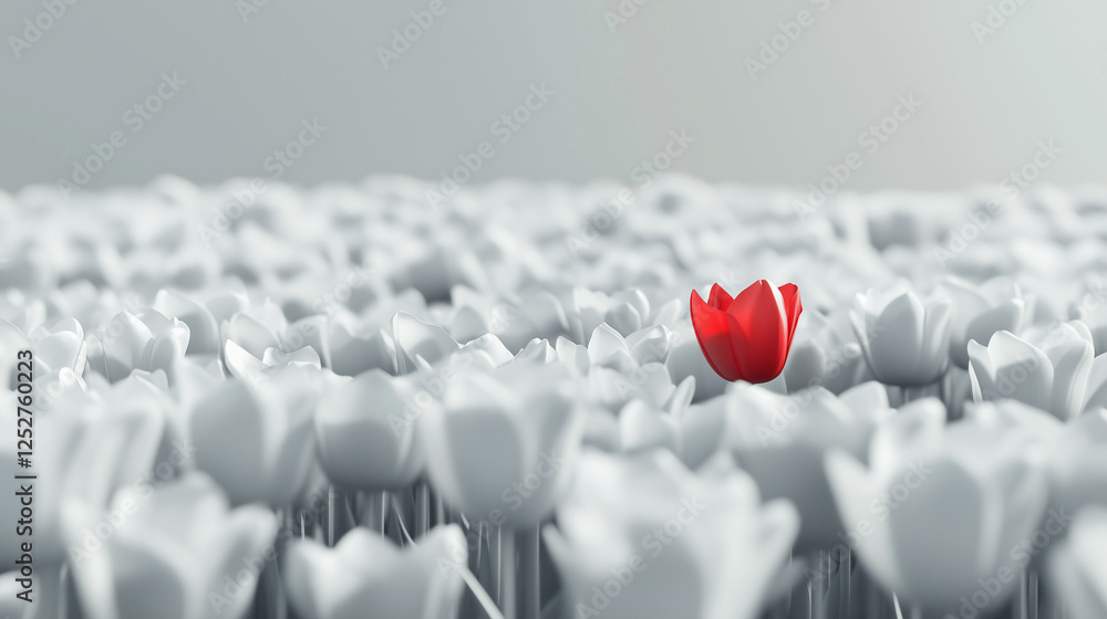 Fototapeta premium A vast field of blooming white tulips with a single striking red tulip standing out. Hyper-realistic Cinema 4D render showcasing contrast and uniqueness in nature.