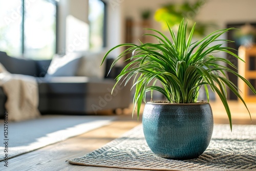 Indoor plant on rug in modern living room with natural light and cozy furniture