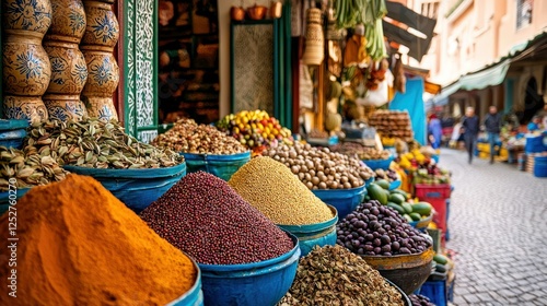 Fototapeta Naklejka Na Ścianę i Meble -  A beautifully arranged outdoor market featuring colorful, exotic fruits, vegetables, and spices in a vibrant setting.