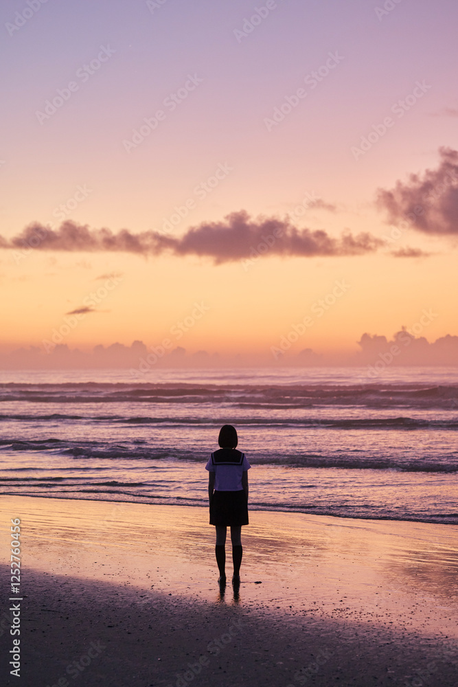 Naklejka premium 夕暮れの海岸を歩く女子高校生