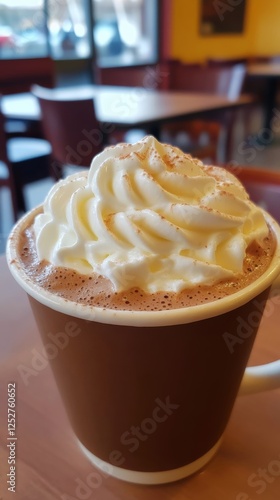 Delightful whipped cream topped beverage in a cozy cafe setting during the af...