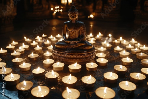 Buddha statue surrounded by candles in serene setting during evening hours