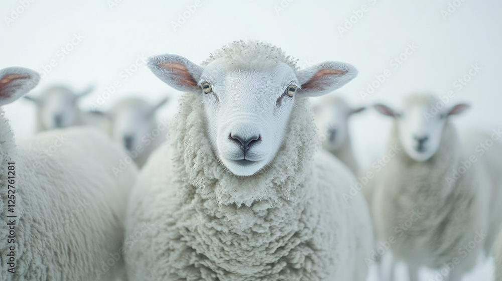 Leading the Flock: A single, majestic white sheep stands prominently in the foreground, gazing directly at the camera, surrounded by a blurred flock of its brethren. Leading the Flock: A single, majestic white sheep stands prominently in the foreground, gazing directly at the camera, surrounded by a blurred flock of its brethren.