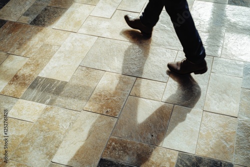 Walking gracefully on patterned tiles in a sunlit indoor space