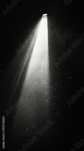 Light beam breaking through darkness illuminating particles in the air