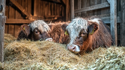 Cozy Cows in the Barn: Two Highland cows, known for their long shaggy coats, rest contentedly in a rustic wooden barn, enjoying a meal of hay. photo