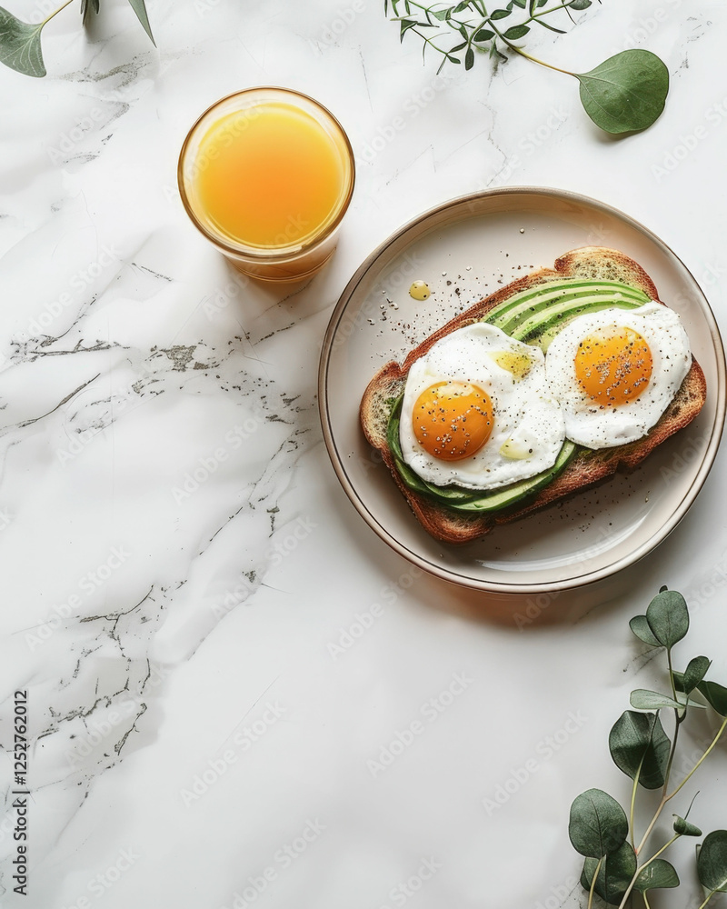 Breakfast table with poached eggs on toast, juice, and fresh egg Breakfast table with poached eggs on toast, juice, and fresh egg