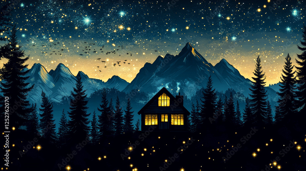 Fototapeta premium House in night forest with mountain and firefly game background. Dark Halloween wild woods park landscape and magic cabin. Spooky and mystic small cottage exterior with window above starry sky.