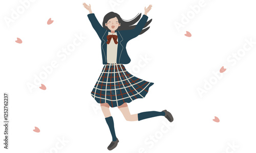 桜の花びら舞う中で喜ぶ女子生徒のイラスト
