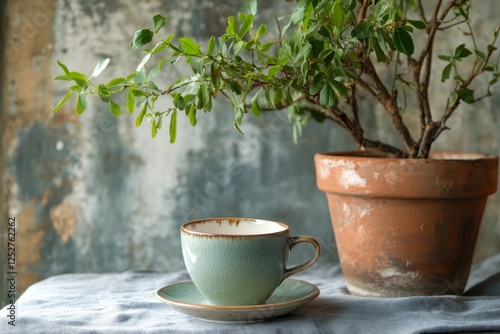 Green cup and saucer beside a potted plant on a wooden table during morning l...