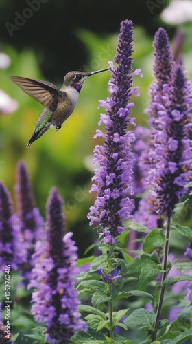 Hummingbird hovering gracefully near vibrant purple flowers in a lush garden ...