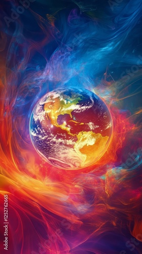 Colorful globe illustration with vibrant waves in the background during a dig...