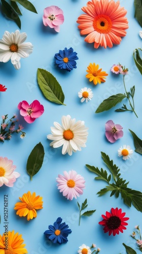 Colorful assortment of flowers arranged on a blue background during bright da...