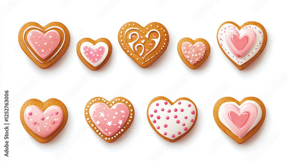 Fototapeta premium Gingerbread cookies in shape of heart, cartoon sweets for Valentines day or dating. Decorated pastry with icing and sprinkles, love symbols isolated on white background, Vector illustration, set