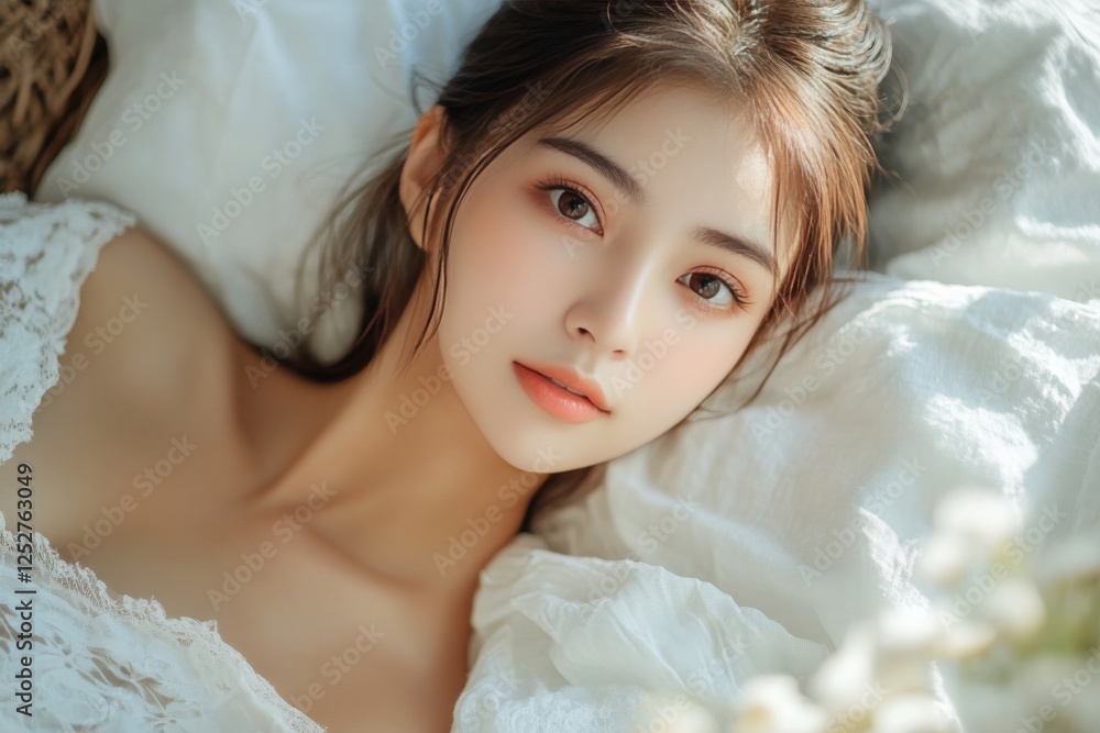Smiling young woman relaxing in bed with soft pillows and natural light streaming through the window Smiling young woman relaxing in bed with soft pillows and natural light streaming through the window