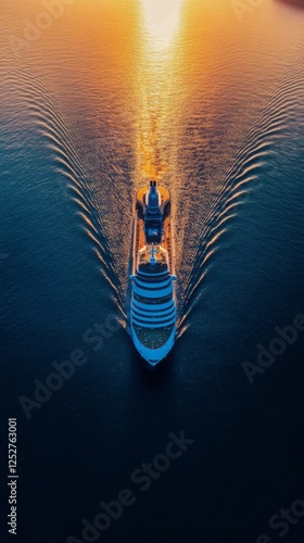 Cruise ship sailing through serene waters at sunset in a coastal landscape