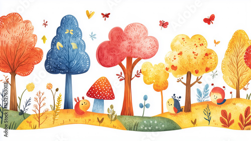 A magical illustration of a rainbow forest, ideal for kindergarten children's books.