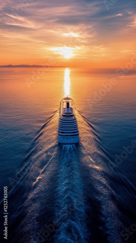 Cruise ship sailing through serene waters at sunset in a coastal landscape