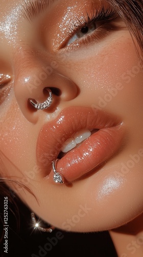 A close-up photograph of the lips and nose, featuring silver piercings lip minimalist diamond ring piercing on the bottom.