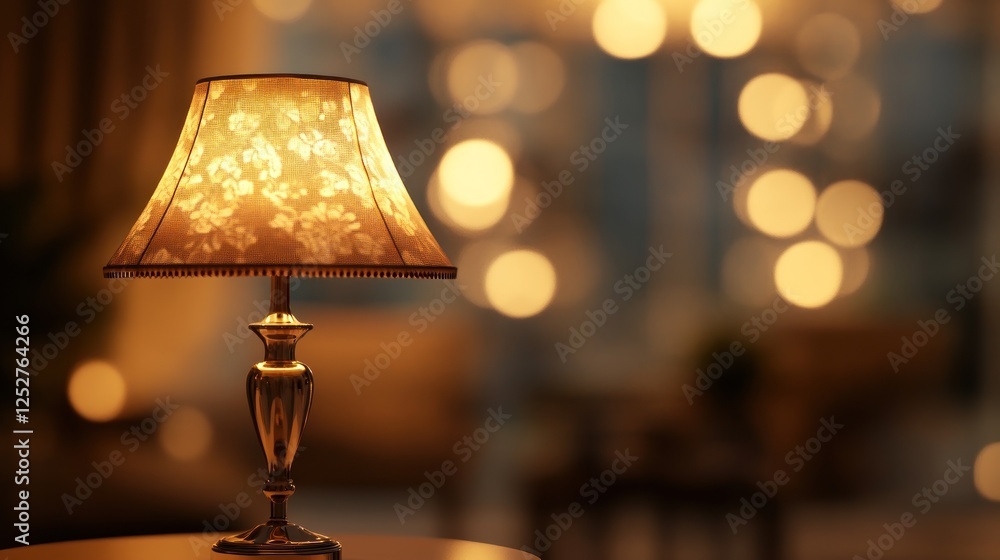 Illuminated table lamp in cozy room, evening lights Illuminated table lamp in cozy room, evening lights